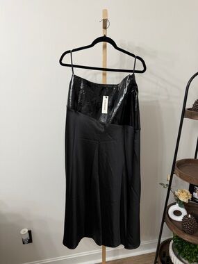 Commense Black Satin Midi Skirt with Patent Waist